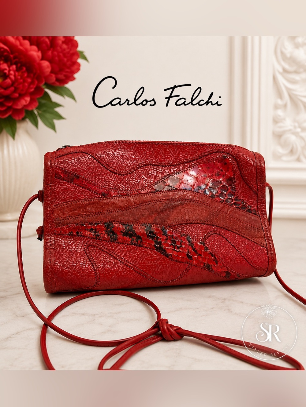 VTG 1980s Carlos Falchi Red Snakeskin Patchwork Crossbody Bag Exotic Leather